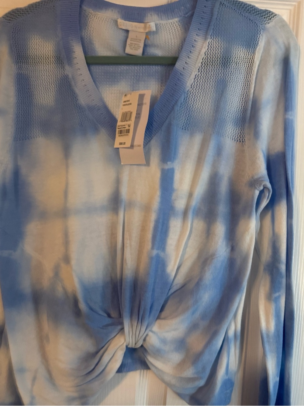 Design History Blue and White Tie-Dye V-Neck Twist-Front Sweater